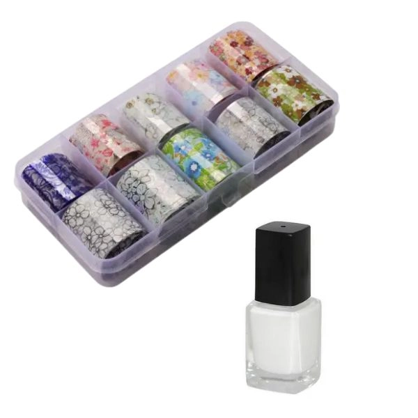 Dekoratív körömfólia készlet - 10 db + ragasztó