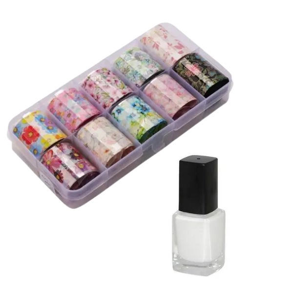 Dekoratív körömfólia készlet - 10 db + ragasztó